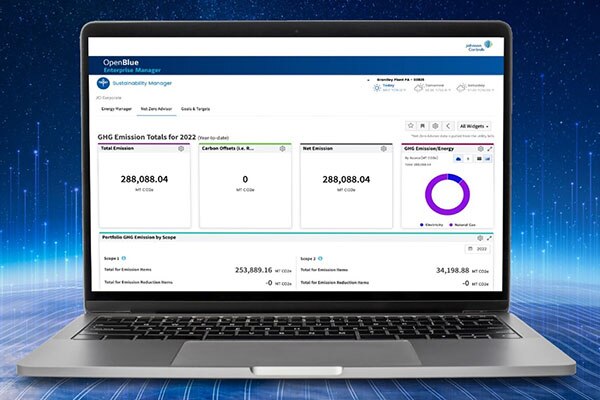 OpenBlue Netzero advisor feature displayed on a laptop screen