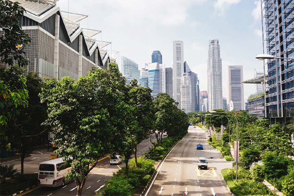 Aerial view of the Suntec Singapore city and surroundings