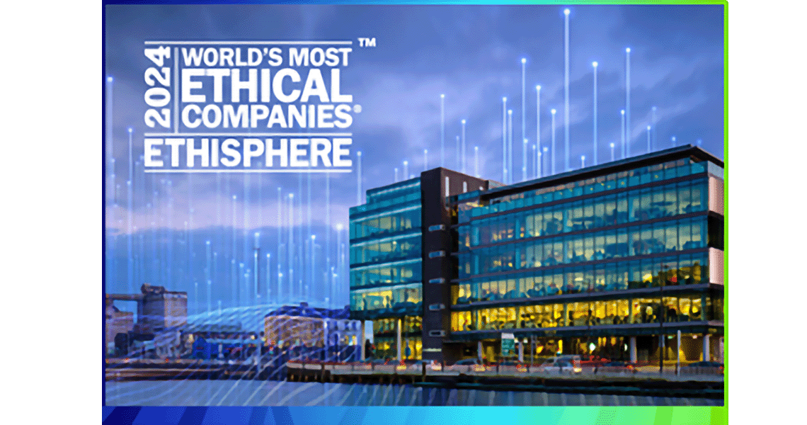 Johnson Control Corporate Office with the text message as the world's most ethical company 2024 overlaid with graphics of transmission nodes