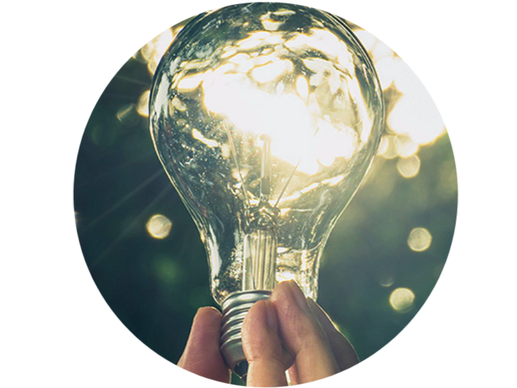 Close-up of fingers holding a light bulb to the sunlight against a green backdrop