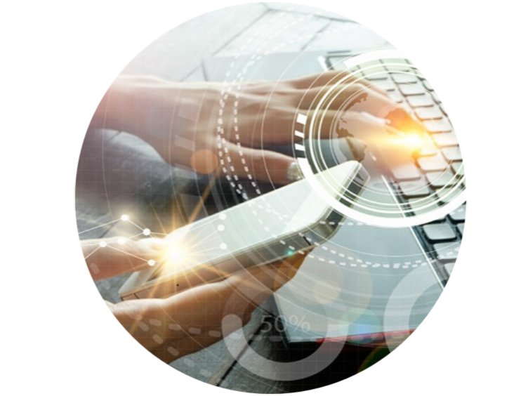 Close-up of hands of a lady whose one hand is on keyboard and the other is holding the mobile overlaid with the newtork security icons