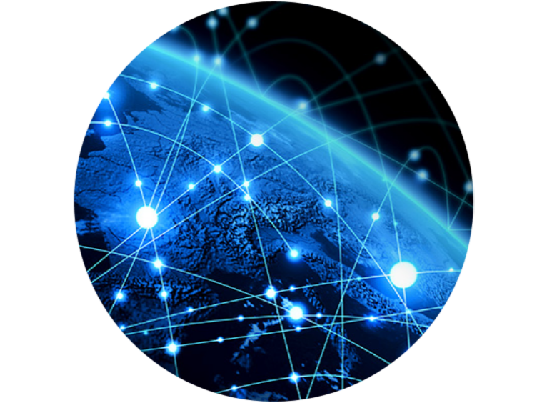 Partial view of globe in blue overlaid with network transmission nodes