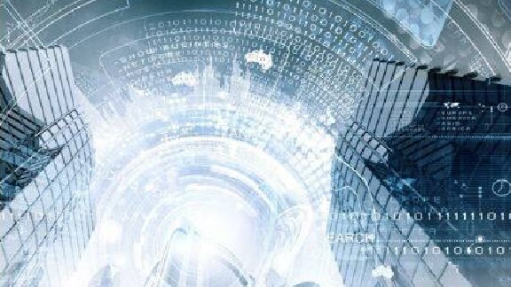 Bottom view of a tall skyscrapers in daylight overlaid with graphics of binary numbers