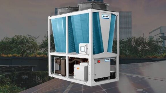 A large air conditioner featuring solar panels installed on its top