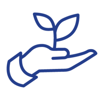 Hand with a blue outline supports a vibrant plant, illustrating the harmony between humanity and nature.