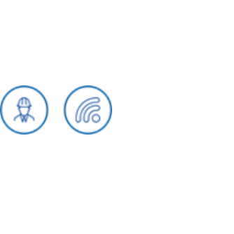 Two blue circular icons illustrating a theme of professionalism and innovation