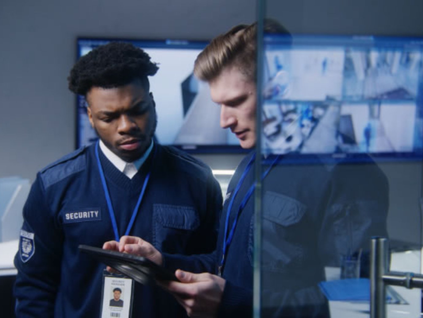 Two mens employee checking tablet