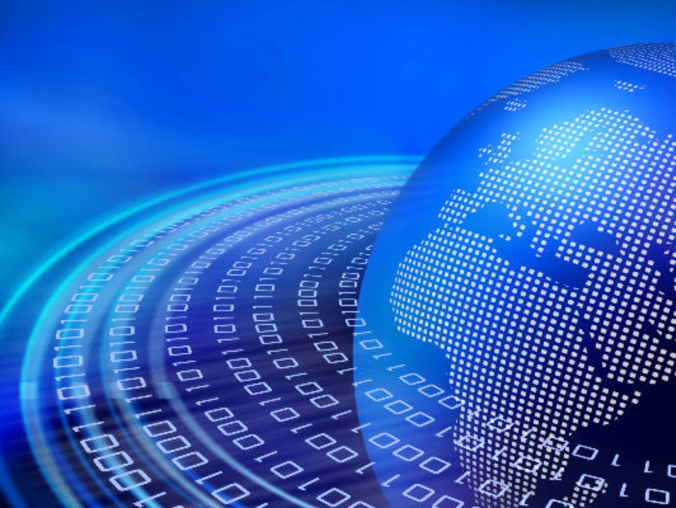 Partial view of the globle in blue overlaid with graphics of binary numbers
