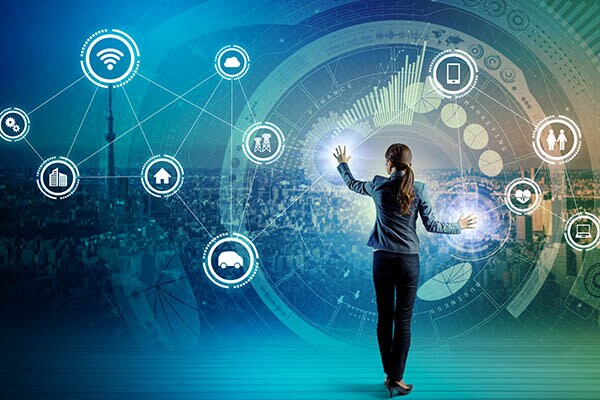 A woman touching the screen with both hands overlaid with the security and network technology icons with the blurred backdrop of the city view