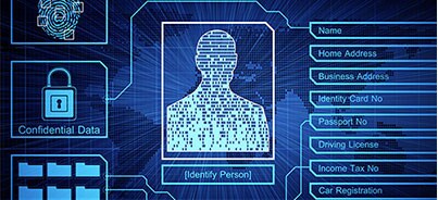 A blue screen displaying biodata of a person with security graphics and icons