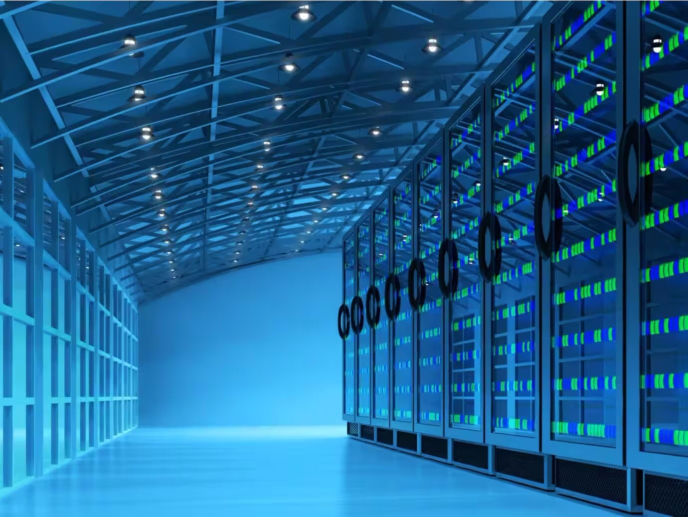 Interior of a data center with with racks and windows on either side