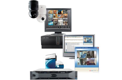 A collection of computers and various security devices