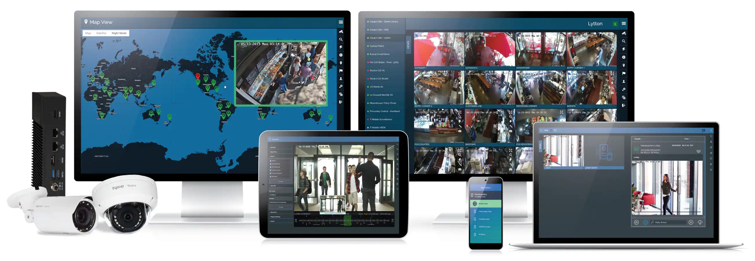 Cloudvue application being displayed on several devices to show security system in one interface
