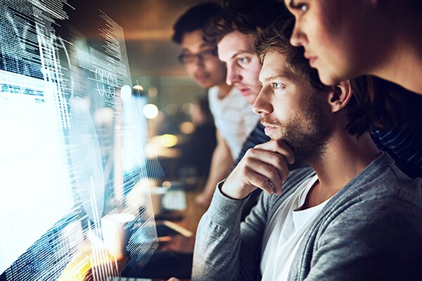 Aerial view of city in blue with social network technology connecting the city